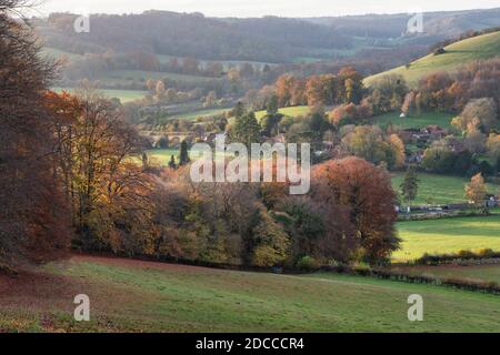 Late afternoon autumn sunlight on the chiltern way looking over the Hambleden valley in the chilterns. Fingest, Buckinghamshire, England Stock Photo
