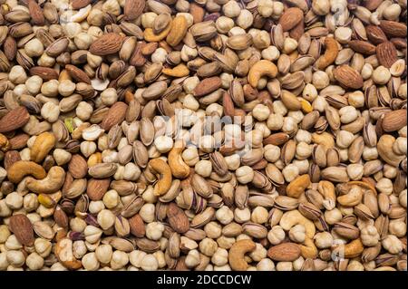 Mix of different nuts closeup photo to use as a texture or background. Stock Photo
