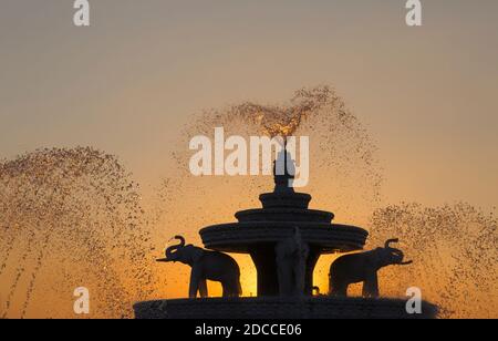 Elephant fountain in the People's Park Public Square near the Shwedagon Pagoda at sunset, Yangon, Myanmar (Burma), Asia in February Stock Photo