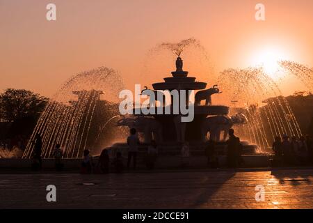 Elephant fountain in the People's Park Public Square near the Shwedagon Pagoda at sunset, Yangon, Myanmar (Burma), Asia in February Stock Photo