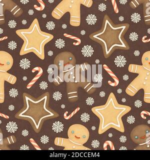 Christmas seamless pattern with gingerbread men. Gingerbread men, candy canes, and snowflakes on a brown background Stock Photo