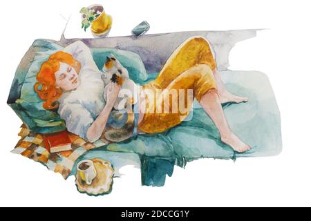 young woman chilling on a sofa with a cat, sitting on her belly, book and coffee cup. Original watercolor illustration of stay at home concept Stock Photo