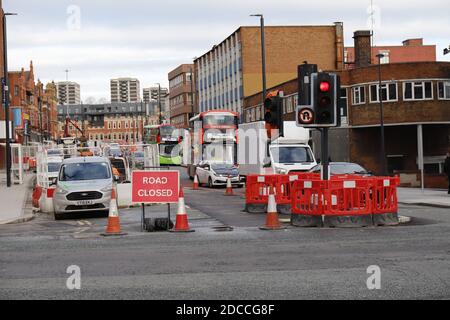 Chaotic Road works in Leeds City Centre November 2020 - Vicar Lane Stock Photo