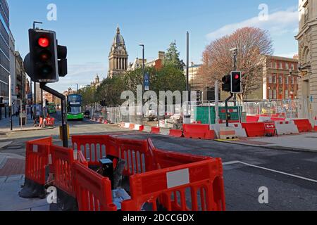 Chaotic Road works in Leeds City Centre November 2020 in the Headrow Stock Photo