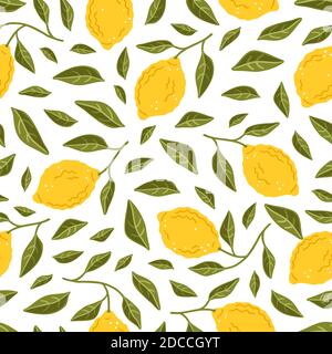 Seamless pattern with yellow lemons. Ripe fruits and leaves of lemon. Floral vector background Stock Vector