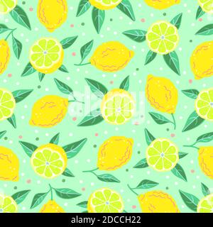 Ripe yellow fruits and leaves of lemon. Seamless pattern with citrus. Vector illustration Stock Vector