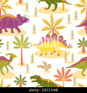 Seamless pattern with tyrannosaurus, triceratops, parasaurolophus and stegosaurus. Colorful vector dinosaurs and palms Stock Vector