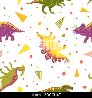 Seamless pattern with tyrannosaurus, triceratops, parasaurolophus and stegosaurus. Colorful vector dinosaurs Stock Vector