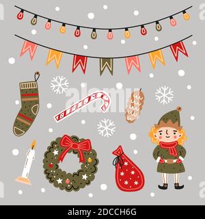 Christmas set. Flat vector illustration. Christmas elf, advent wreath, bag with gifts, candle, stocking, candy cane, garlands, conifer cone in cartoon Stock Vector