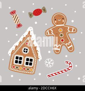 Christmas vector illustration. Gingerbread house, gingerbread man, candy cane and candies in flat cartoon style. New Year decorative elements Stock Vector