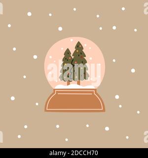 Snow globe with christmas trees in flat cartoon style. Christmas vector illustration. New Year decorative element Stock Vector