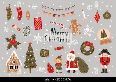 Christmas set. Flat vector illustration. New Year decorative elements Stock Vector