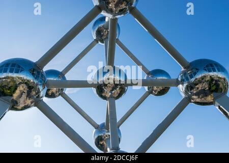 Panoramic view of Atomium from below. Atomium is a historical tourist attraction situated in Brussels, Belgium. Stock Photo