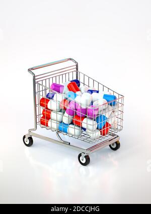 Illustration of a shopping cart filled with medical pills Stock Photo