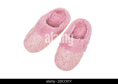 Pair of warm female slippers on isolated white background. Stock Photo