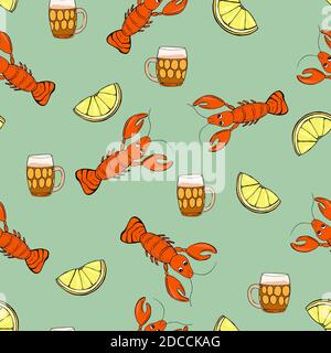 Light beer with snacks. Hand drawn cartoon style illustration. Beverage, lime and lobster. Glass cup. Bright colors. Mexican style beer. Stock Vector