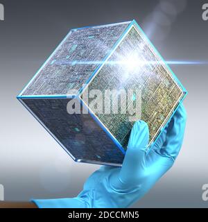 Close-up on a scientific holding a small and cubic satellite, concept of the future of telecommunications Stock Photo