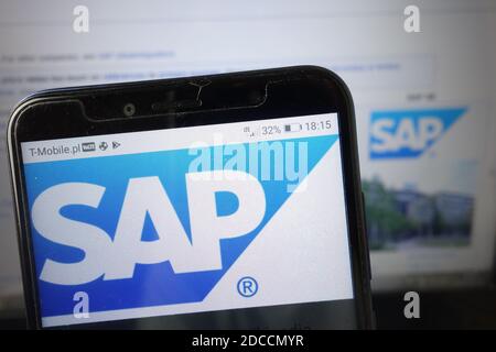 KONSKIE, POLAND - August 18, 2019: Sap Se company logo displayed on mobile phone Stock Photo