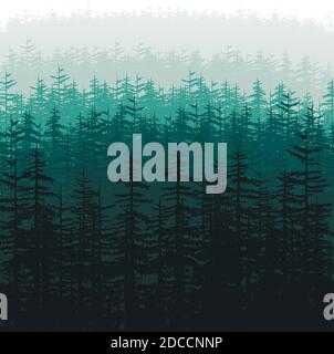 Forest trees silhouettes background vector illustration. Horizontal abstract nature wallpaper of hills covered with wood Stock Vector