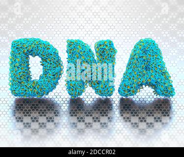 The word DNA made of compacted DNA ribbons, on a gray glossy background Stock Photo
