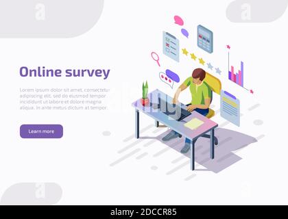 Landing page of online survey with isometric characters. Man filling questionnaire form, star rating, check mark on list on laptop. Feedback service Stock Vector