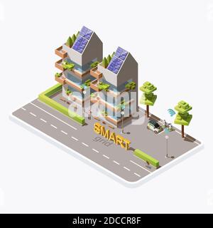 Isometric green eco friendly city building with solar panels on roof, electric car, charging station near road, isolated on background. Renewable energy, smart grid technology concept, vector template Stock Vector