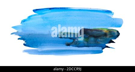 Abstract watercolor landscape with rocky coastline and the sea, hand painted and isolated on white background. Blue simple backdrop with cliffs Stock Photo