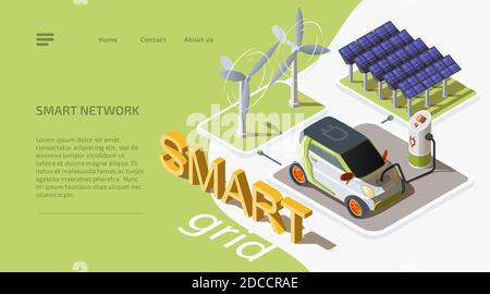 Smart grid concept. Isometric wind turbines and solar panels connected to electric car with charging station. Alternative energy source. 3d vector web banner. Template landing page for website. Stock Vector