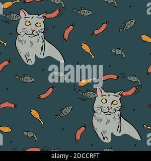 Vector seamless pattern of dizzy cats dreaming about delicacies – fish, sausages, chicken. Funny cartoon style cats. Stock Vector