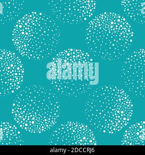 Abstract white dotted circles with texture shading effect. Seamless vector pattern on aqua blue background. Round spheres backdrop with handcrafted Stock Vector