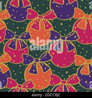 Vector seamless pattern of colorful Christmas decorations. Colored Christmas balls on green background, New Year design. Stock Vector