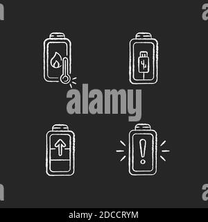 Battery cable charging process chalk white icons set on black background Stock Vector