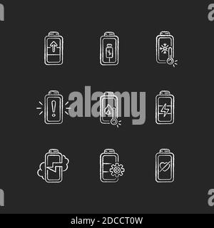 Battery problems chalk white icons set on black background Stock Vector