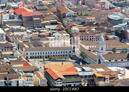 Aerial cityscape of Santo Domingo square with the Santo Domingo convent tower, Quito, Ecuador. Stock Photo