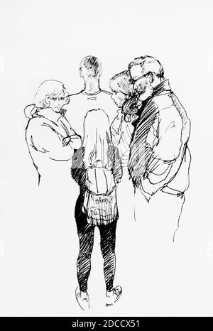 Family conversation during awaiting in the line to access, grumpy girl with backpack against their relatives lineart sketch drawing Stock Photo