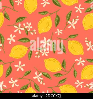 Seamless pattern with yellow lemons. Ripe fruits, flowers and leaves of lemon. Floral vector background Stock Vector