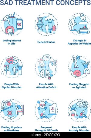 SAD treatment concept icons set Stock Vector