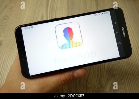 KONSKIE, POLAND - November 19, 2019: FaceApp logo displayed on mobile phone Stock Photo