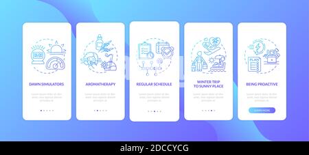 Tips to ease winter blues onboarding mobile app page screen with concepts Stock Vector