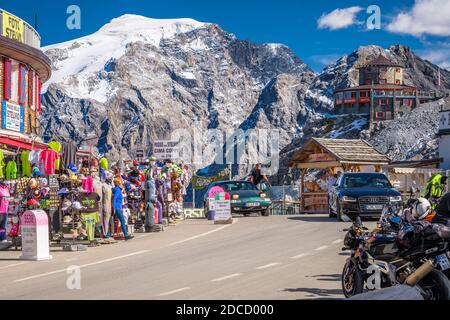 Stelvio Pass, Italy - September 18, 2019: The Stelvio Pass is a mountain pass in the Ortler alps in South Tyrol and connects to the Swiss Umbrail Pass Stock Photo