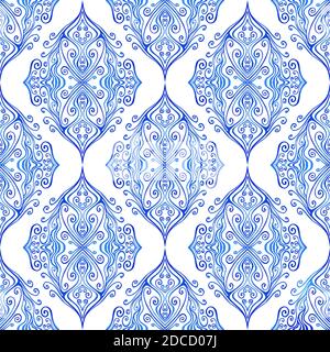 Blue colorful ottoman ethnic curly ornament seamless pattern, isolated on white. Stock Vector