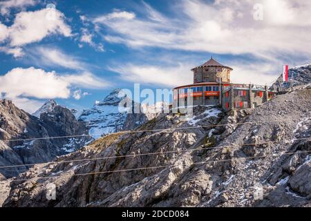 Stelvio Pass, Italy - September 18, 2019: Restaurant on the Stelvio Pass, a mountain pass in South Tyrol that connects to the Swiss Umbrail pass Stock Photo