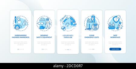Workplace safety elements onboarding mobile app page screen with concepts Stock Vector