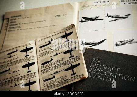 Collection of Second World War aircraft identification information, featuring the Supermarine Spitfire and Hawker Tempest fighters. Stock Photo