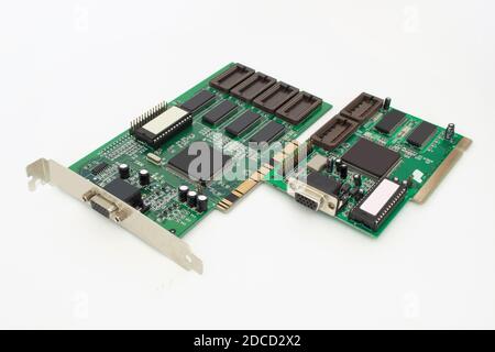 Two graphics cards for a personal computer. Isolated on white background. Stock Photo