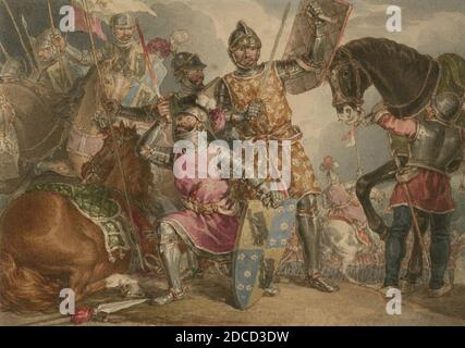 King Henry VI, part III, act II, scene III, Warwick, Edward, and Richard at the Battle of Towton. Stock Photo