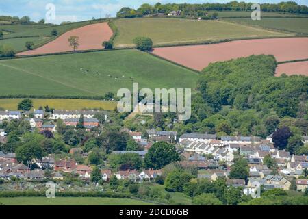 Tranquil mid Devon landscape, looking west across the Culm valley towards the small town of Bradninch Stock Photo