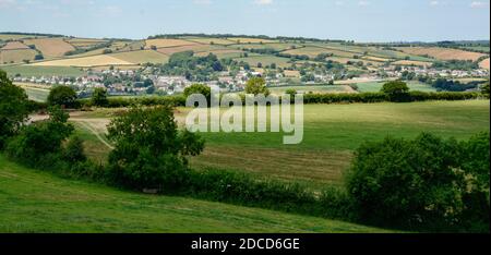 Tranquil mid Devon landscape, looking west across the Culm valley towards the small town of Bradninch Stock Photo