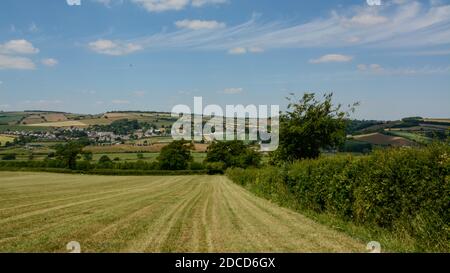 Tranquil mid Devon landscape, looking west across the Culm valley towards the small town of Bradninch Stock Photo