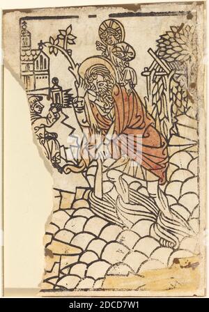 French 15th Century, (artist), Saint Christopher, c. 1450/1470, woodcut, hand-colored in brown and yellow, sheet (irregular fragment): 14.1 x 9.9 cm (5 9/16 x 3 7/8 in.), overall (external frame dimensions): 31.8 x 25.4 cm (12 1/2 x 10 in Stock Photo